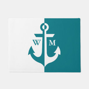 Nautical White en Blauwgroen Anchor Monogram Deurmat