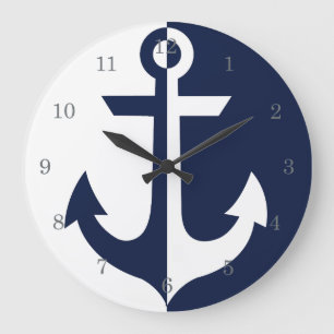 Nautical White en Blue Anchor {kies uw kleur} Grote Klok
