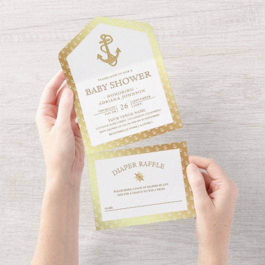 Nautical White en Gold Anchor Baby shower All In One Uitnodiging (Afscheurbaar)