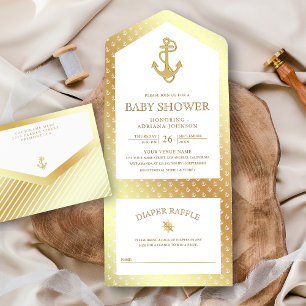 Nautical White en Gold Anchor Baby shower All In One Uitnodiging