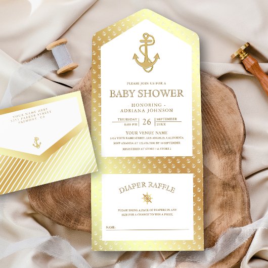 Nautical White en Gold Anchor Baby shower All In One Uitnodiging