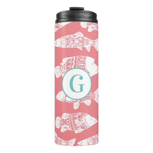 Nautical White Floral Fish | Monogram Thermosbeker (Voorkant)