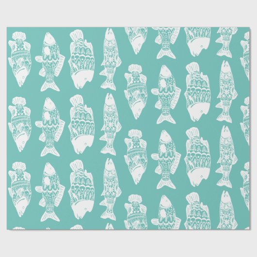 Nautical White Floral Patterned Fish Cadeaupapier (Vlak)