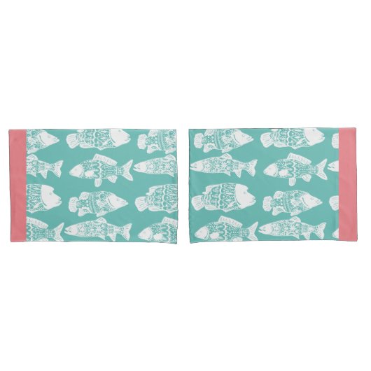 Nautical White Floral Patterned Fish & Coral Pink Kussensloop (Voorkant-Set)