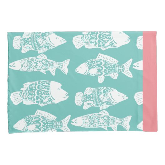 Nautical White Floral Patterned Fish & Coral Pink Kussensloop (Voorkant-Rechts)