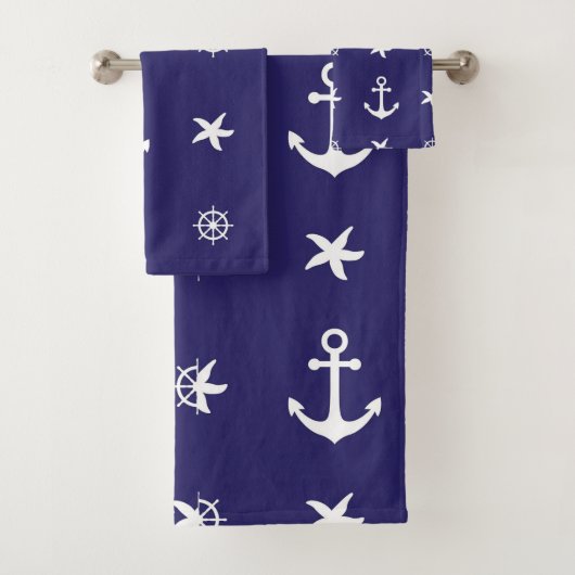 Nautical White Marine Elements on Navy Blue Bad Handdoek (Insitu)