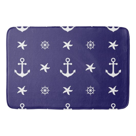 Nautical White Marine Elements on Navy Blue Badmat (Voorkant)