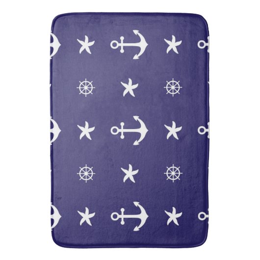 Nautical White Marine Elements on Navy Blue Badmat (Voorkant Verticaal)
