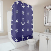 Nautical White Marine Elements on Navy Blue Douchegordijn (In situ)