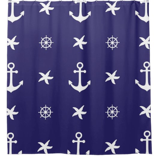 Nautical White Marine Elements on Navy Blue Douchegordijn (Voorkant)