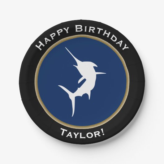 Nautical White Marlin Happy Birthday met naam Papieren Bordje (Voorkant)