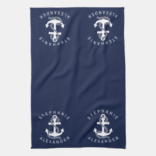 Nautical White Navy Blue Anchor {kies uw kleur} Theedoek (Verticaal)
