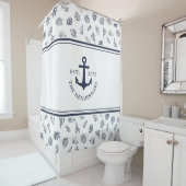 Nautical White Navy Blue Anchor Monogrammed Douchegordijn (In situ)