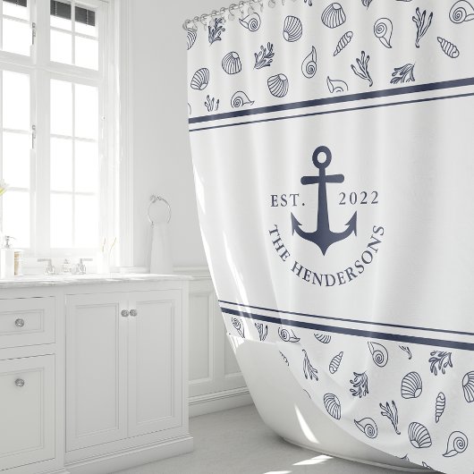 Nautical White Navy Blue Anchor Monogrammed Douchegordijn