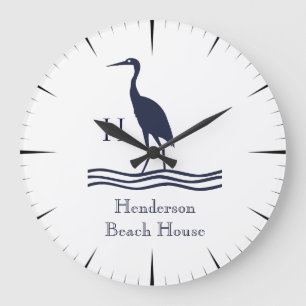 Nautical White Navy blue Heron Coastal Monogram Grote Klok