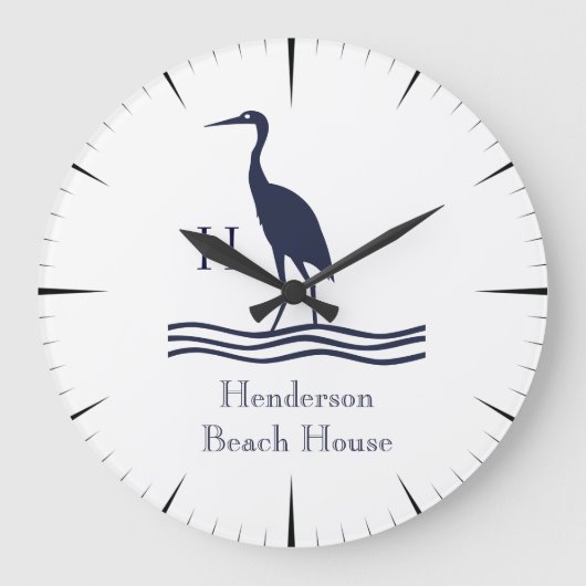 Nautical White Navy blue Heron Coastal Monogram Grote Klok (Voorkant)