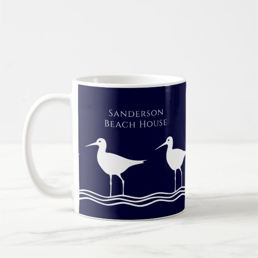 Nautical White Navy Blue Sandpipers strand house Koffiemok (Links)