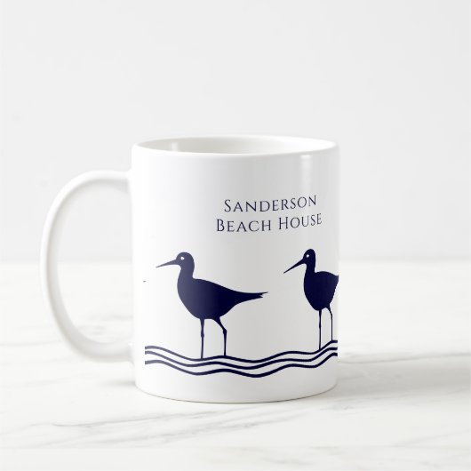 Nautical White Navy Blue Sandpipers strand house Koffiemok (Links)