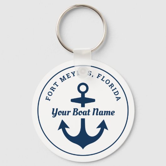Nautical White Navy Personalized Boat Name Anchor Sleutelhanger (Voorkant)