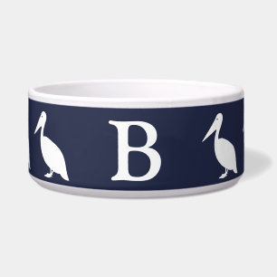 Nautical White Pelicans & Navy Blue Monogram Voerbakje