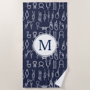 Nautical White Rope Knots & Navy Blue met Initiaal Strandlaken