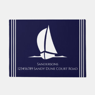 Nautical White sailboat Navy blue Coastal Monogram Deurmat
