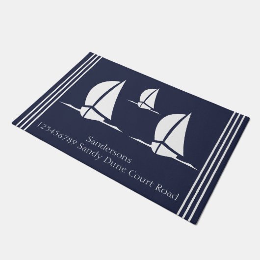 Nautical White sailboat Navy blue Coastal Monogram Deurmat (Schuin)