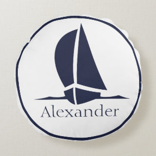 Nautical White sailboat Navy blue Coastal Monogram Rond Kussen