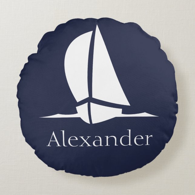 Nautical White sailboat Navy blue Coastal Monogram Rond Kussen (Voorkant)