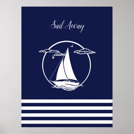 Nautical white sailboat silhouette/sail away/navy poster (Voorkant)