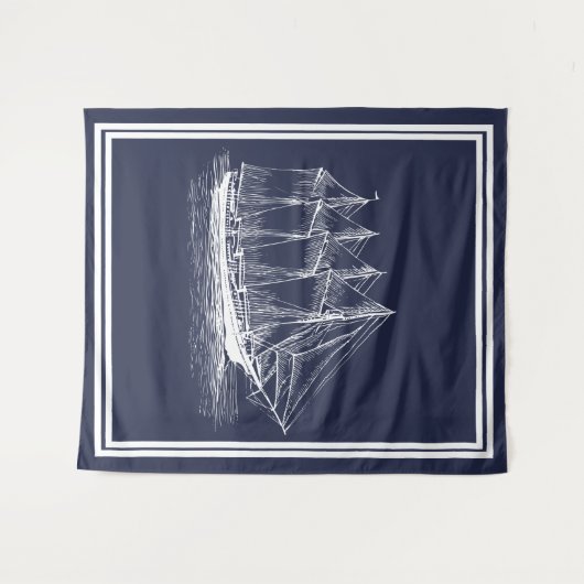 Nautical White  Schooner & Navy Blue Wandkleed (Voorkant (horizontaal))