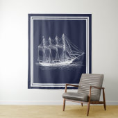 Nautical White  Schooner & Navy Blue Wandkleed (In situ)