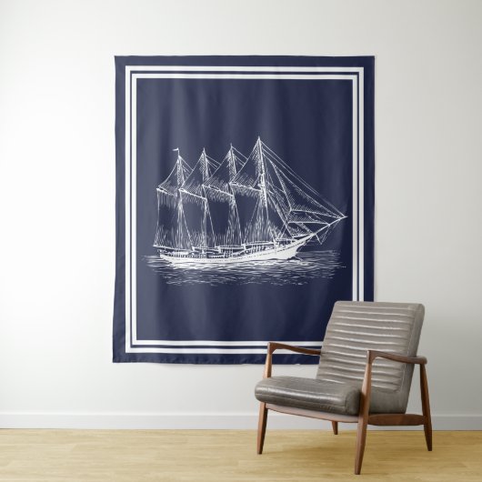 Nautical White  Schooner & Navy Blue Wandkleed (In situ)