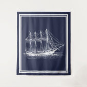 Nautical White  Schooner & Navy Blue Wandkleed (Voorkant)