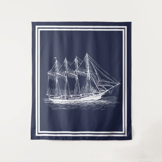 Nautical White Schooner & Navy Blue Wandkleed (Voorkant)