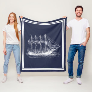 Nautical White  Schooner Ship Fleece Deken