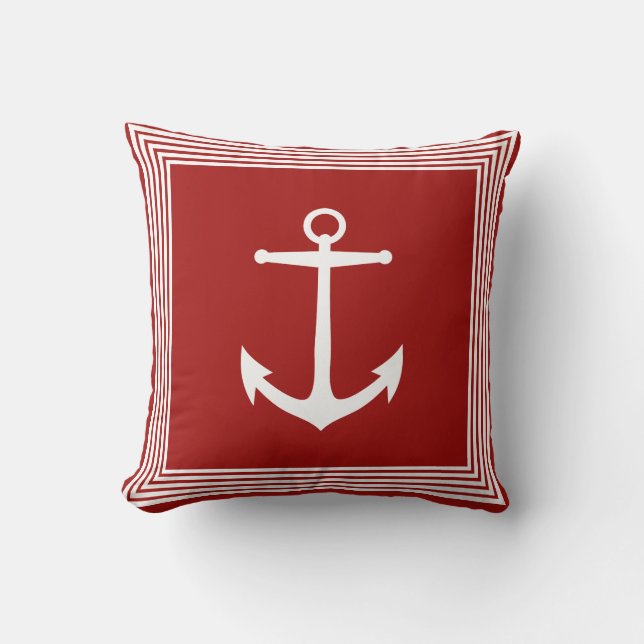 Nautical White Stripes Anchor & Coastal Red Kussen (Voorkant)