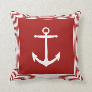 Nautical White Stripes Anchor & Coastal Red Kussen