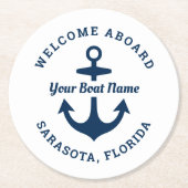 Nautical White Welcome Aboard Name Anchor Ronde Kartonnen Onderzetter (Voorkant)
