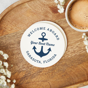 Nautical White Welcome Aboard Name Anchor Ronde Kartonnen Onderzetter