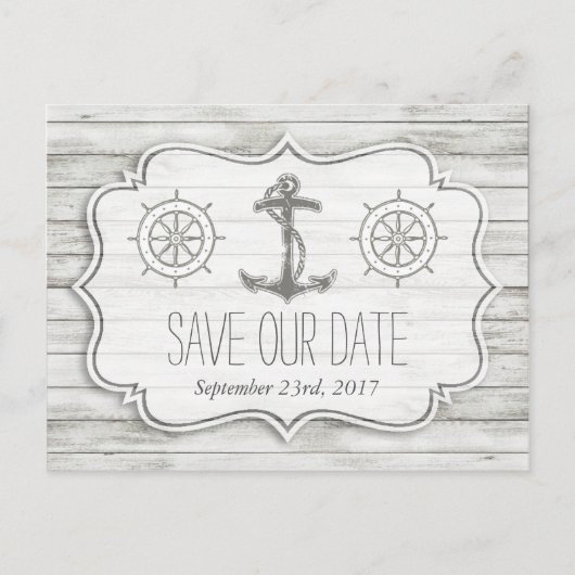 Nautical Whitewash Wood Beach Wedding Collectie Aankondigingskaart (Voorkant)