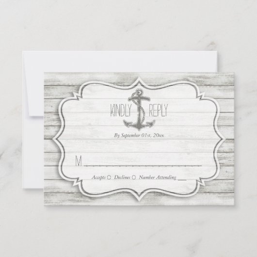 Nautical Whitewash Wood Beach Wedding Collectie RSVP Kaartje (Voorkant)