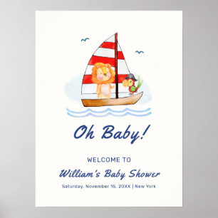 Nautical Wild Lion Sailboat Baby shower Welkom Poster