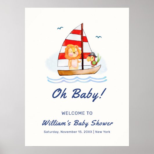 Nautical Wild Lion Sailboat Baby shower Welkom Poster (Voorkant)