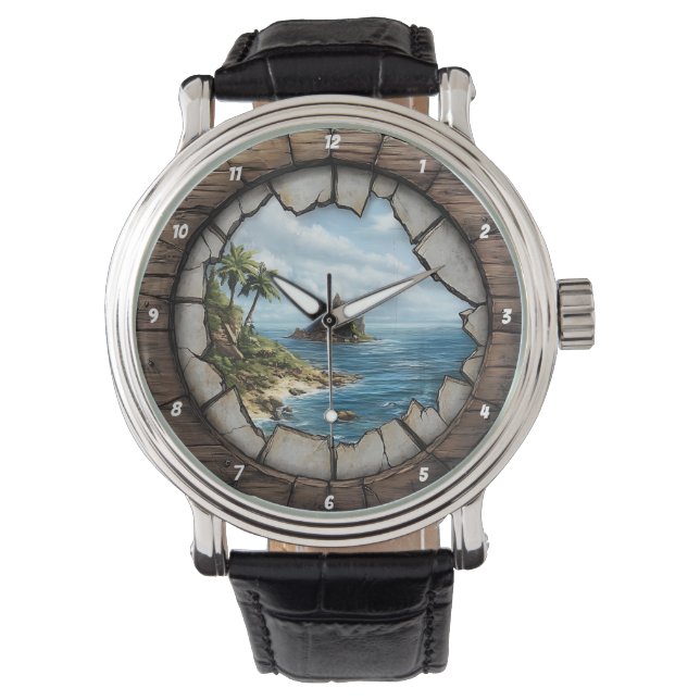 Nautical Window Island Escape Rustic Coastal Horloge (Voorkant)