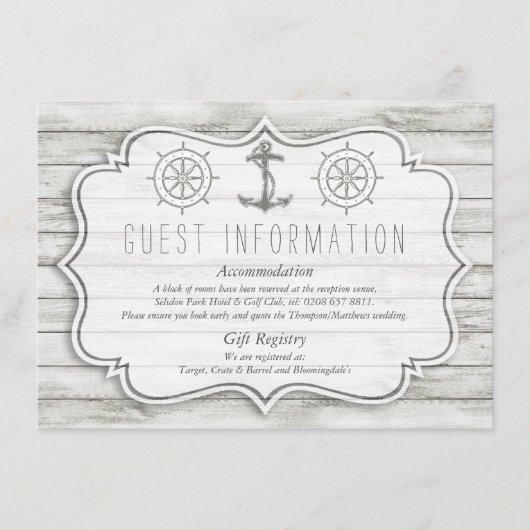 Nautical Witgeschilderde Houten Strand Bruiloft Co Informatiekaartje (Voorkant)