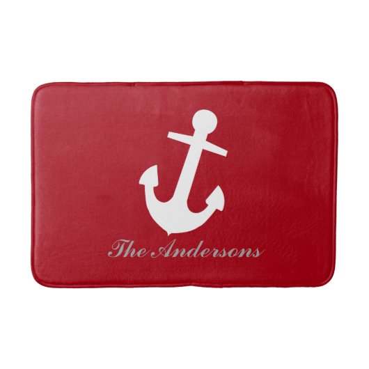 Nautical Witte Anker op Rood, Gepersonaliseerd Badmat (Voorkant)