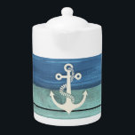 Nautical Wood Turquoise Blue White Anchor Theepot<br><div class="desc">Teapot met een turquoise en een blauw ongekleed hout en een wit anker ontwerp. Ideaal voor thuis of verhuur van kuststrandvakanties of voor het aanmaken van keukens met nautisch/strandthema.</div>