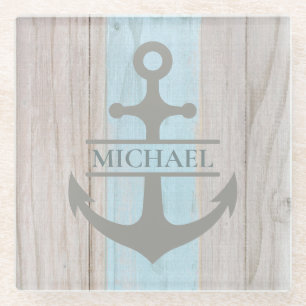 Nautical Wooden Boat Beach Anchor Name Glazen Onderzetter