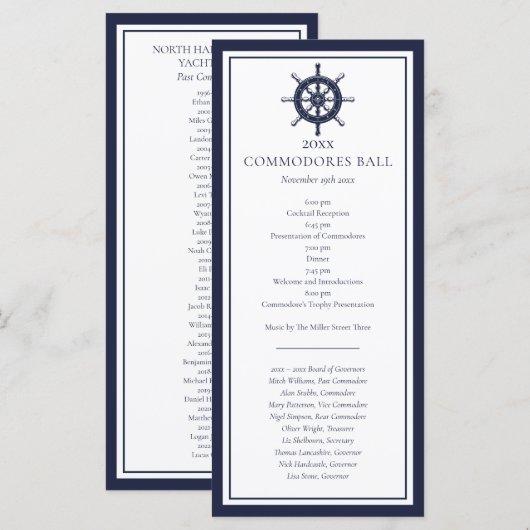 Nautical Yacht Club Navy Blue Menu Programma (Voorkant / Achterkant)